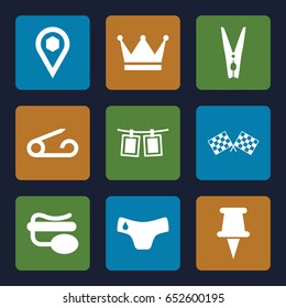 Pin icons set. set of 9 pin filled icons such as children panties, location, photos on rope, finish flag