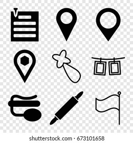 Pin icons set. set of 9 pin filled and outline icons such as location, map location, hair barrette, flag