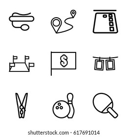 Pin icons set. set of 9 pin outline icons such as distance, pin microphone, photos on rope, bowling, flag with dollar, credit card in atm