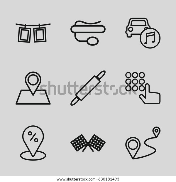 Pin icons set.\
set of 9 pin outline icons such as distance, car music, photos on\
rope, finish flag, sale\
location