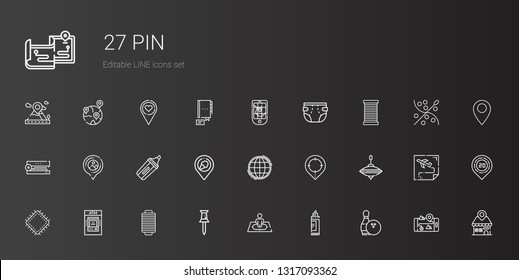 pin icons set. Collection of pin with bowling, marker, position, thread, atm, patch, whirligig, placeholder, worldwide, place, stapler, diaper. Editable and scalable pin icons.