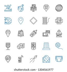 pin icons set. Collection of pin with diaper, location, sewing, navigation, place, wool ball, thimble, gps, worldwide, route, placeholder, marker. Editable and scalable pin icons.
