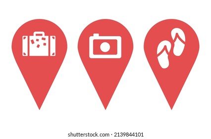 Pin icons set. Location sign and symbol. Map pins. Tourism, travel, vacation. Pins directly pointing to the sea, Tourism, travel, flight, tropics. Badges depicting suitcase, camera, sandals