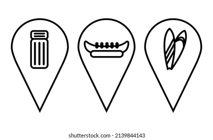 Pin icons set. Location sign and symbol. Pins directly pointing to the sea, shopping center, shop. Surf icons, surfboard, swim mattress, inflatable banana. Design elements for banner, poster, promo