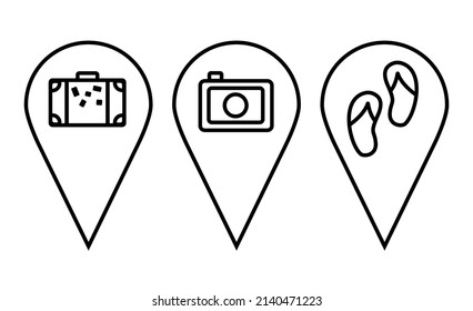 Pin icons set. Location sign and symbol. Pins directly pointing to the sea, Tourism, travel, flight, tropics. Design elements of suitcase, camera, sandals for banner, poster, advertising, game, apps, 