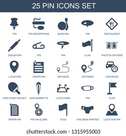 pin icons. Trendy 25 pin icons. Contain icons such as pin microphone, bowling, restaurant, dough flag, photos on rope, location, paper distance. icon for web and mobile.