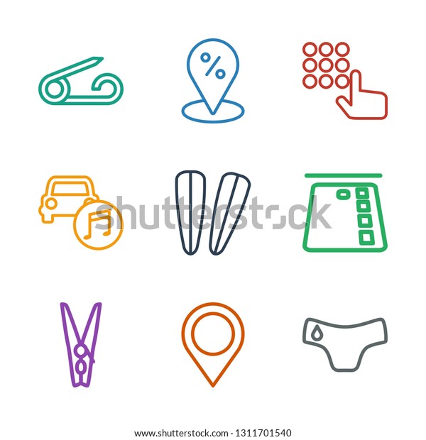 pin icons.
Trendy 9 pin icons. Contain icons such as children panties, map
location, cloth pin, credit card in atm, hair barrette, car music,
hand on atm. icon for web and
mobile.