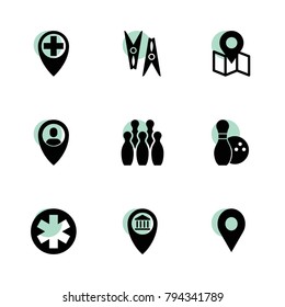 Pin icons. vector collection filled pin icons set.. includes symbols such as clothes peg, user location, bank location, bowling. use for web, mobile and ui design.