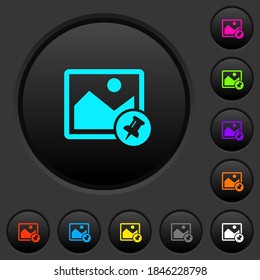 Pin image dark push buttons with vivid color icons on dark grey background