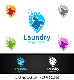 Pin Laundry Dry Cleaners Logo with Clothes, Water and Washing Concept
