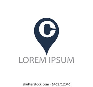 Pin law logo design. Vector illustration icon with informative & responsive service concept to access auction location information.