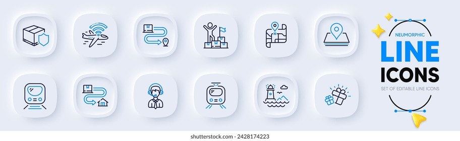 Pin, Lighthouse and Delivery service line icons for web app. Pack of Gift, Delivery man, Metro pictogram icons. Train, Map, Tracking parcel signs. Airplane wifi, Shipping support. Map point. Vector