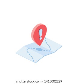 Pin location, Attention exclamation mark, map marker GPS, pointer. Vector 3d isometric color icon new flat style. Creative illustration, idea for infographics.