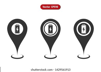 Pin location battry chage icon vector. Location sign Isolated on white background. Navigation map, gps, direction, place, compass, contact, search concept. Flat style for graphic design