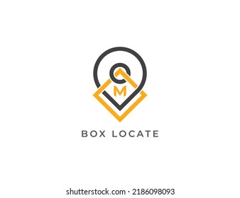 Pin Location and Box Logo Concept sign icon symbol Design with Letter M. Package Delivery Shipping Logotype. Vector illustration template