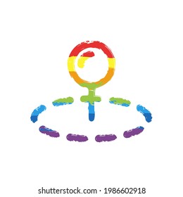Pin, location by gps, simple landmark. Drawing sign with LGBT style, seven colors of rainbow (red, orange, yellow, green, blue, indigo, violet