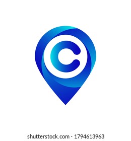 Pin location c letter logo.C letter location logo.Location, Map, Pin, Hotel Blue gradient logo with C letter.C letter logo 
