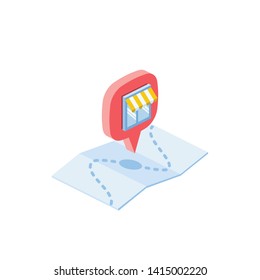 Pin location, cafe or market contacts on map marker, GPS, pointer. Vector 3d isometric color icon new flat style. Creative illustration, idea for infographics.