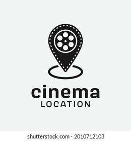 Pin Location with Camera Reel Stripes Filmstrip Logo Design Template. Suitable for Cinematography Video Film Movie Production Studio Cinema Theater Industry Label in Vintage Retro Hipster Logo Design.