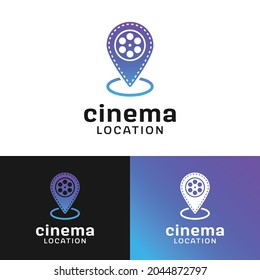 Pin Location with Camera Reel Stripes Filmstrip Logo Design Template. Suitable for Cinematography Video Film Movie Production Studio Cinema Theater Industry Label in Vintage Retro Hipster Logo Design.