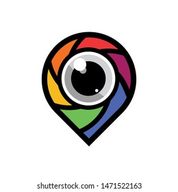 Pin location with camera vector. Photo studio logo. Shutter lens colorful icon. Photography brand. Photographer identity.