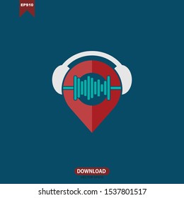 Pin location combine with sound wave and headphone  logo icon vector design