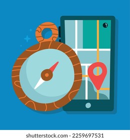 pin location with compass in smartphone icon