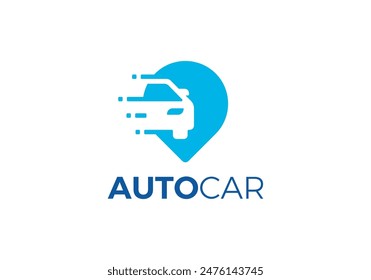ubicación del pin con el logotipo del coche rápido. diseño del icono del símbolo del transporte en línea