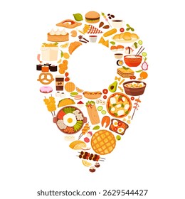 Pin location of fast food restaurant, order of meals from different cuisines of world. Pinpoint navigation symbol with Noodles box and burger, hot dog and Margherita Pizza cartoon vector illustration