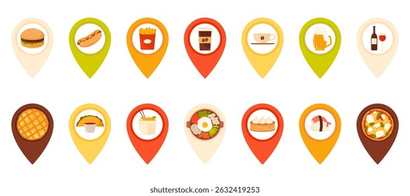 Pin location of fast food restaurant, cafeteria and pastry shop set. GPS point for lunch and dinner place destination, pointer with taco and burger, dumplings, noodles cartoon vector illustration
