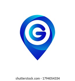 Pin location g letter logo.G letter location logo.Location, Map, Pin, Hotel Blue gradient logo with g letter.G letter logo 