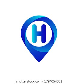 Pin location h letter logo.H letter location logo.Location, Map, Pin, Hotel Blue gradient logo with H letter.H letter logo 