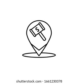 Pin location, hammer, dollar icon. Simple line, outline vector elements of auction for ui and ux, website or mobile application