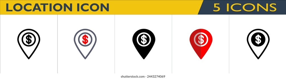 Pin Location Symbol mit 5 Stilen (Umriss, Farbumriss, Volumenkörper, Farbe und gemischt)