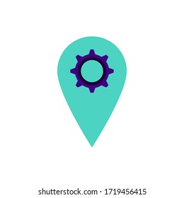 Pin location icon with a cogwheel symbol. Vector illustration of a flat color icon