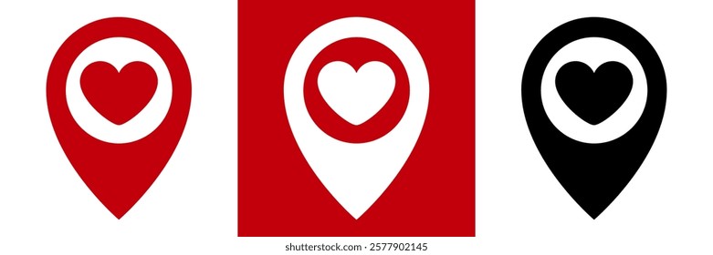 Pin location icon with heart inside it. Love is here. Love, caring romance and warm feelings associated with a certain place. Design for Valentine's Day. 14 February.