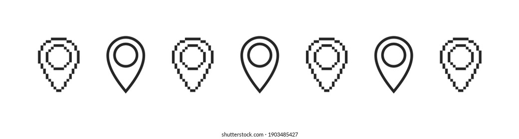 Pin Location Icon. Map pointer. Pixel and linear icons. Vector illustration