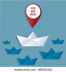 pin location icon on paper boat vector, the concept of travel 