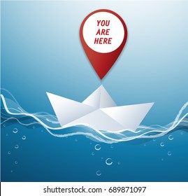 pin location icon on paper boat vector, the concept of travel 