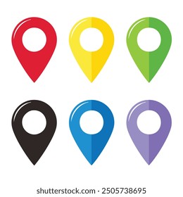 Pin Location Icon Set: Black, Green, Blue, Yellow, Purple, and Red