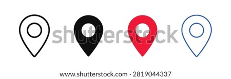 Pin location icon set. Map markers in outline and filled styles. Navigation marker and map pointer. Place symbol collection. Flat elements. Editable stroke vector illustration
