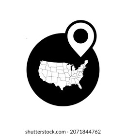 Pin location icon in the USA. American pin and map design vector for icons, logos, symbols, signs, templates, or websites. United States of America country map location design.