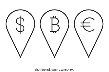 Pin Location icons. Modern map markers. Set of thin map pin icons. Pins with the image of the currency. Dollar, euro, bitcoin, cryptocurrency. Map marker pointer icon set. Location pin sign. Vector