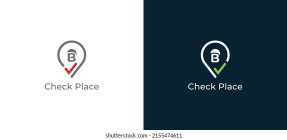 Pin Location Logo Concept sign icon symbol Design with Letter B. Pin and Checkmark Combination. Vector illustration logo template