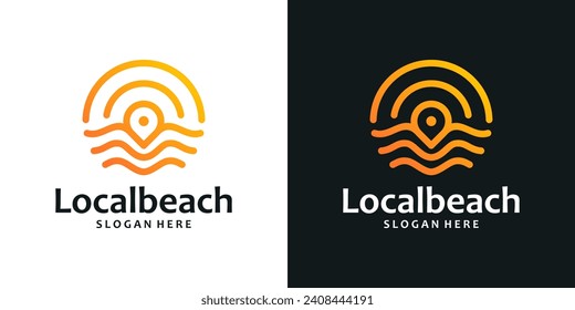 Pin location logo design template with wave logo and and the sun with an abstract line model graphic design vector. Symbol, icon, creative.