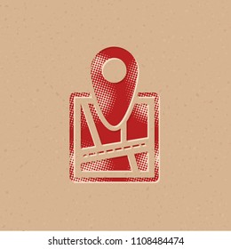 Pin location map icon in halftone style. Grunge background vector illustration.