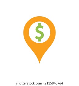 pin location with money. the location of the money. Bank atm location icon.