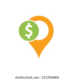 pin location with money. the location of the money. Bank atm location icon.