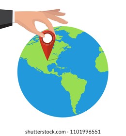 Pin location on a global map. Vector illustration. Globe mark icon. Around the world travelling by air. America