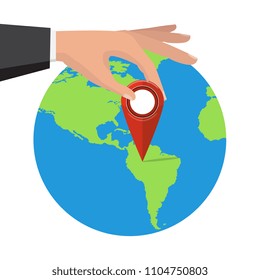 Pin location on a global map. Vector illustration. Globe mark icon. Around the world travelling by air.  South America